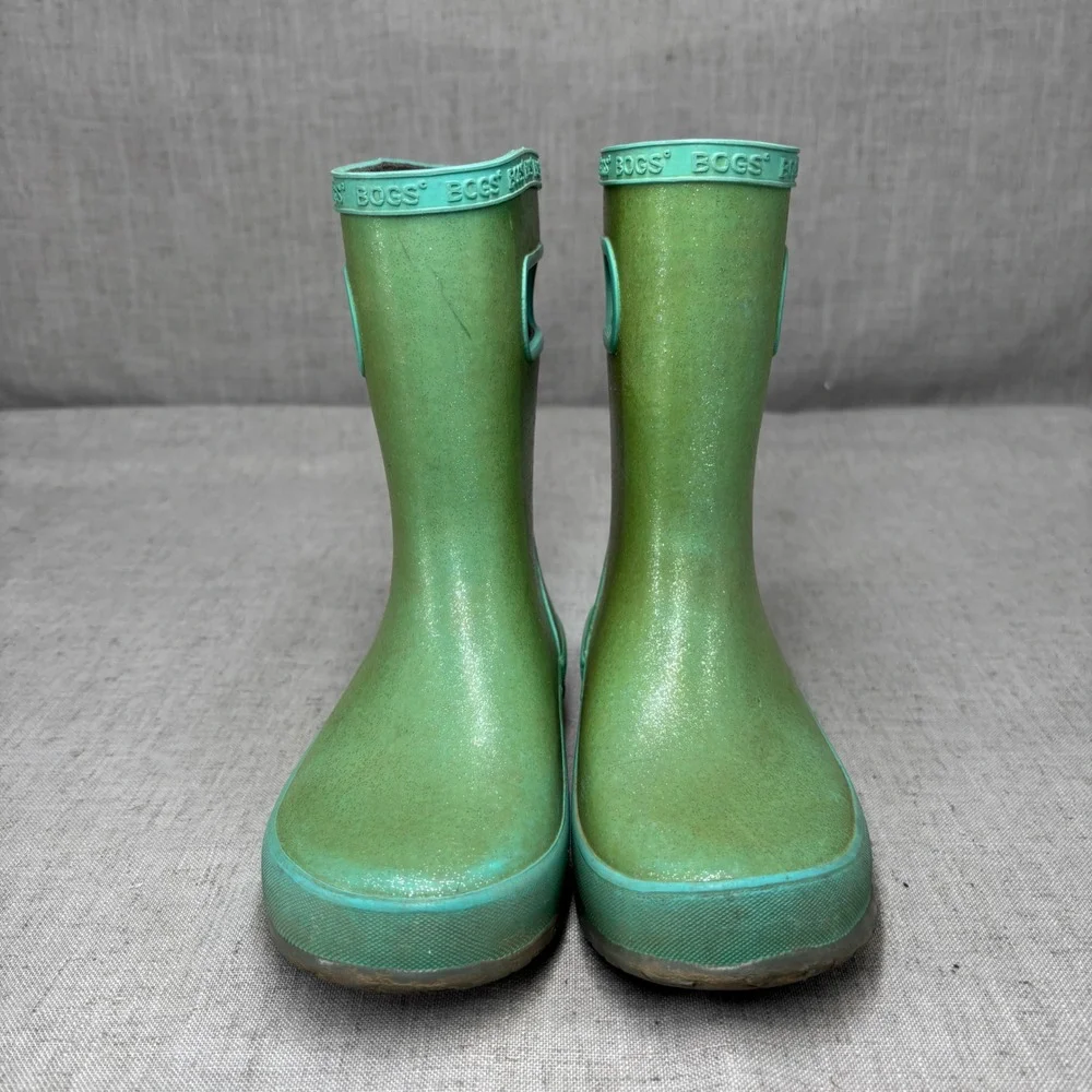 Bogs Skipper Glitter Green‎ Waterproof Rain Boots Pull On Outdoors Kids Size 13